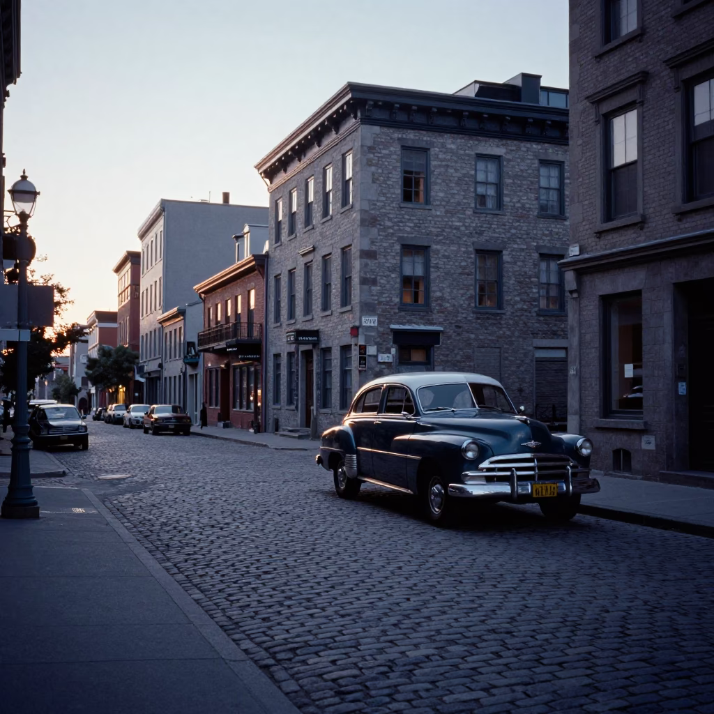 Nautical Dawn Street Scene in Montreal Quebec with Vintage 1950s Charm in in Montreal, Quebec, Canada