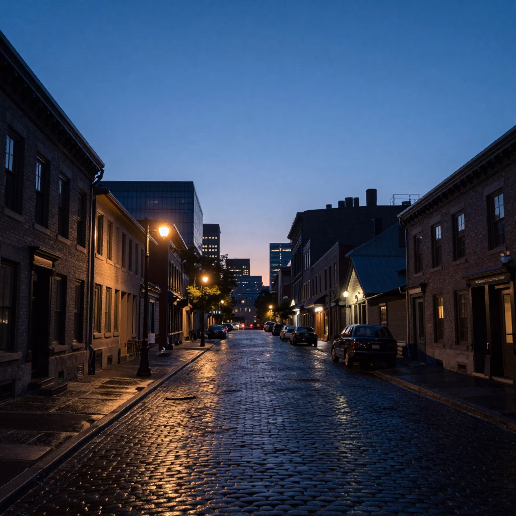 Nautical Dawn Street Scene in Montreal Quebec with Vintage 1960s Atmosphere in in Montreal, Quebec, Canada
