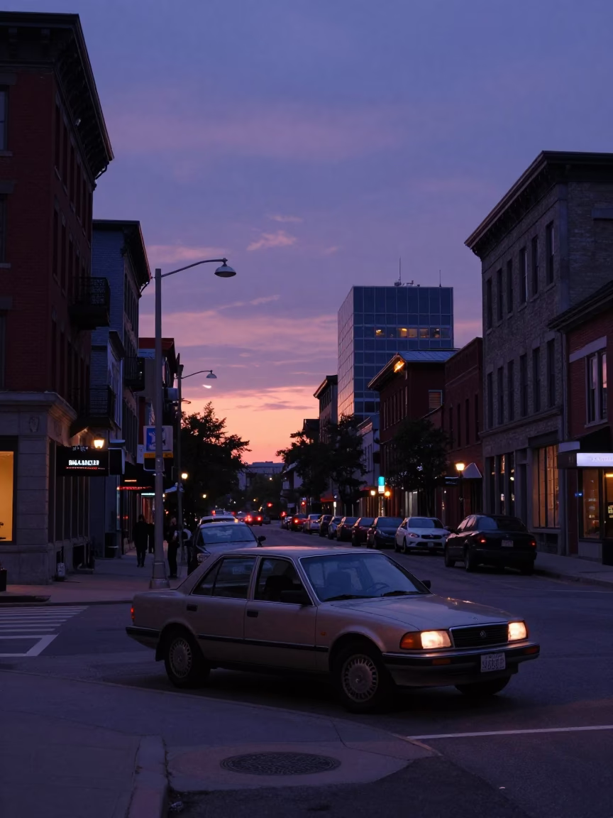 Nautical Dawn Street Scene in Montreal Quebec with Vintage 1990s Aesthetic and Local Details in in Montreal, Quebec, Canada