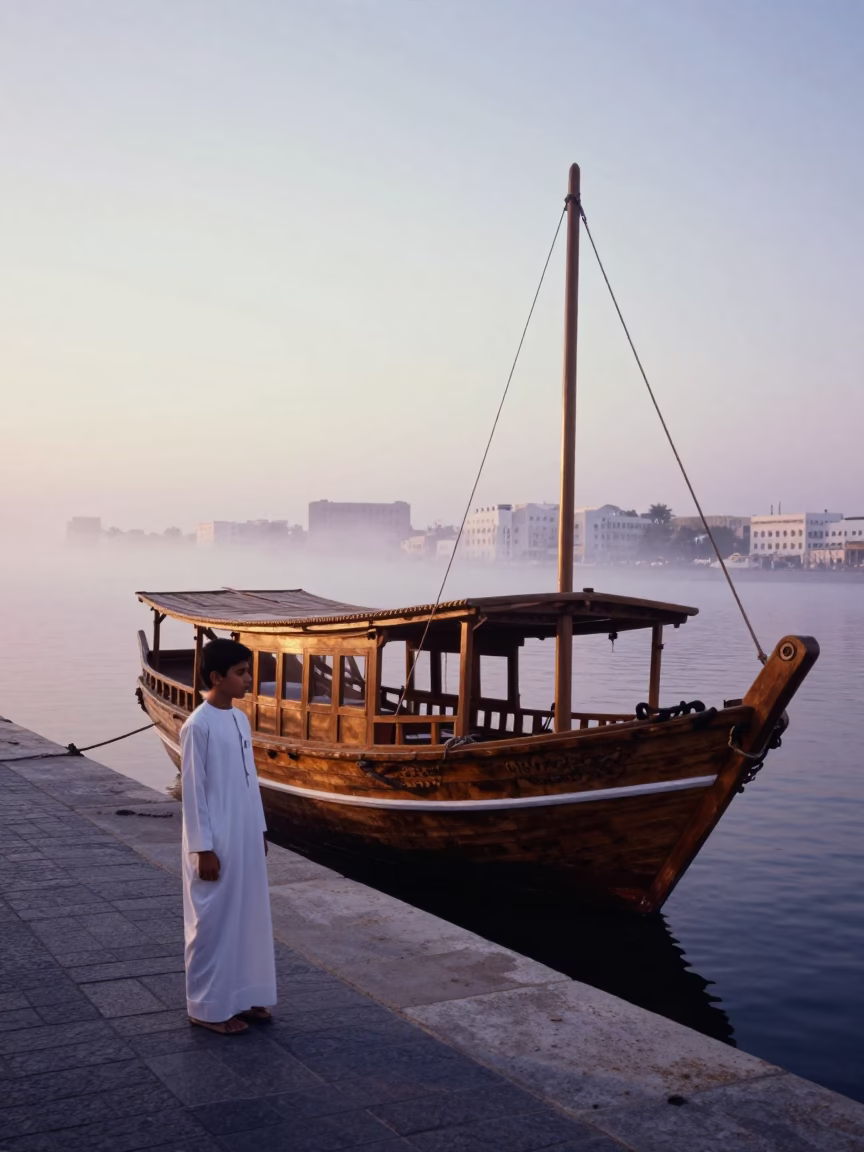 Nautical Dawn Street Scene in Muscat Oman with Model Ship and Wicker Shadow in in Muscat, Oman
