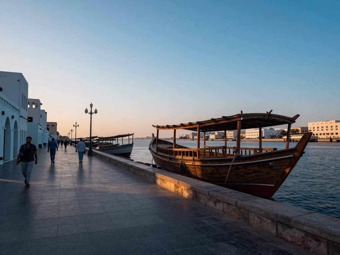Nautical Dawn Street Scene in Muscat Oman with Traditional Dhow and Coastal Light in in Muscat, Oman