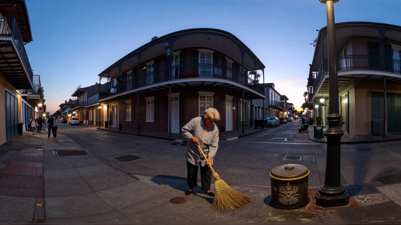 Nautical Dawn Street Scene in New Orleans Louisiana with Broom and Canister Set in in New Orleans, Louisiana, United States