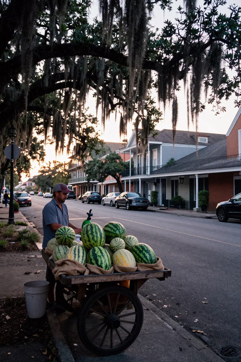 Nautical Dawn Street Scene in New Orleans Louisiana with Melons and Shoehorn in in New Orleans, Louisiana, United States