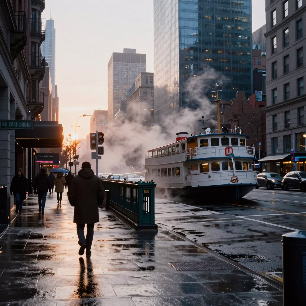 Nautical Dawn Street Scene in New York City with Mail Boat and Urban Details in in New York, New York, United States