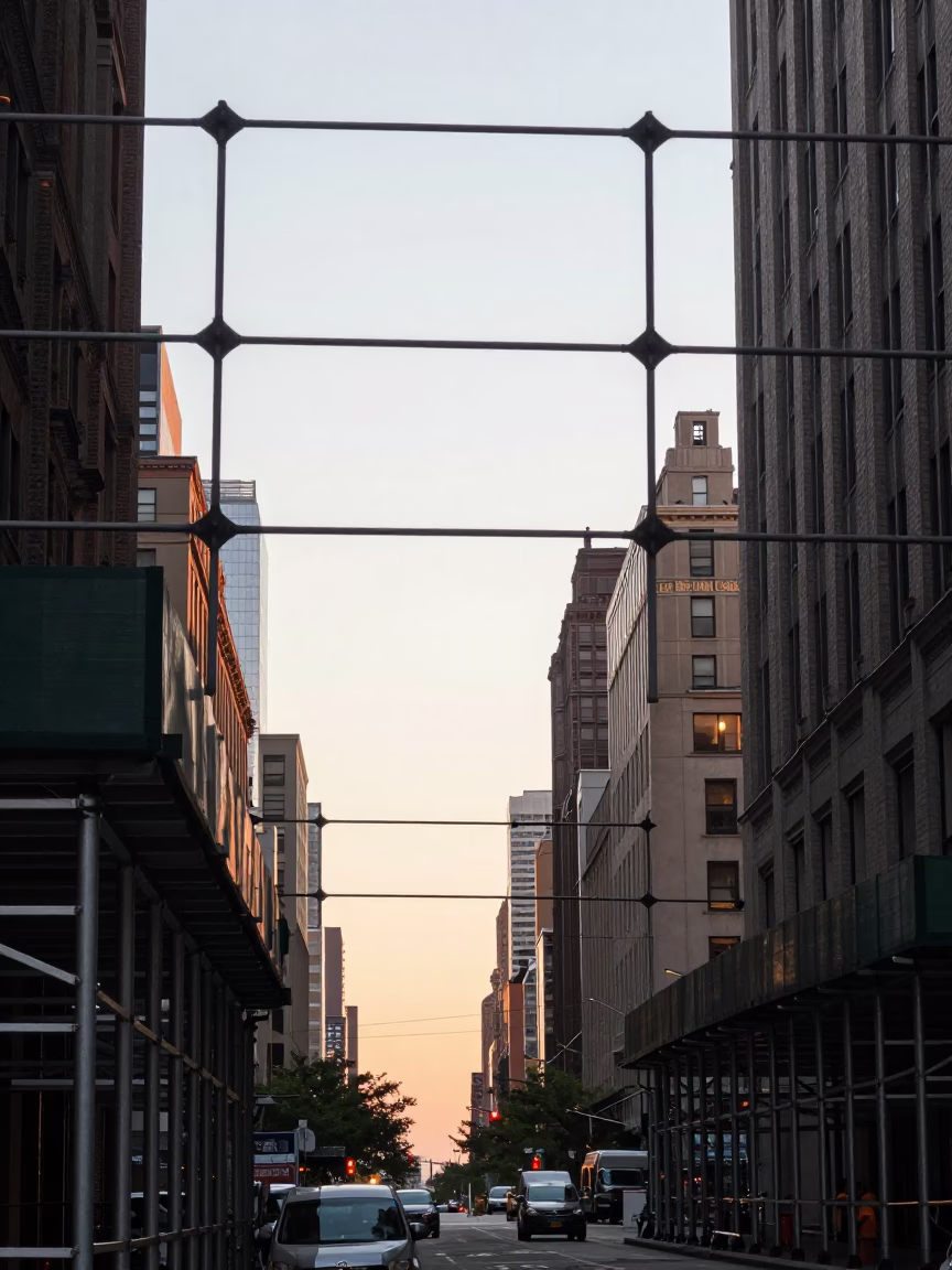 Nautical Dawn Street Scene in New York City with Scaffold Joints and Urban Detail in in New York, New York, United States