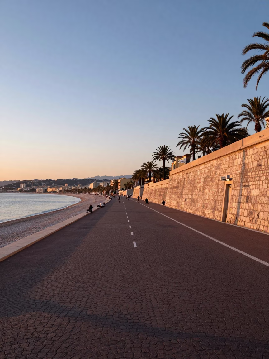 Nautical Dawn Street Scene in Nice France with Cobblestones and Morning Commuters in in Nice, France