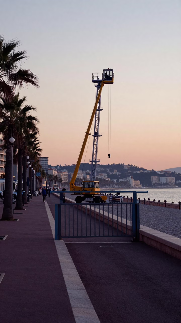 Nautical Dawn Street Scene in Nice France with Construction Elevator and Rebar in in Nice, France