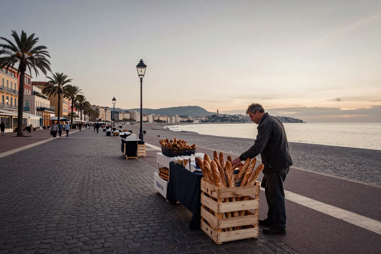 Nautical Dawn Street Scene in Nice France with Local Market Items in in Nice, France