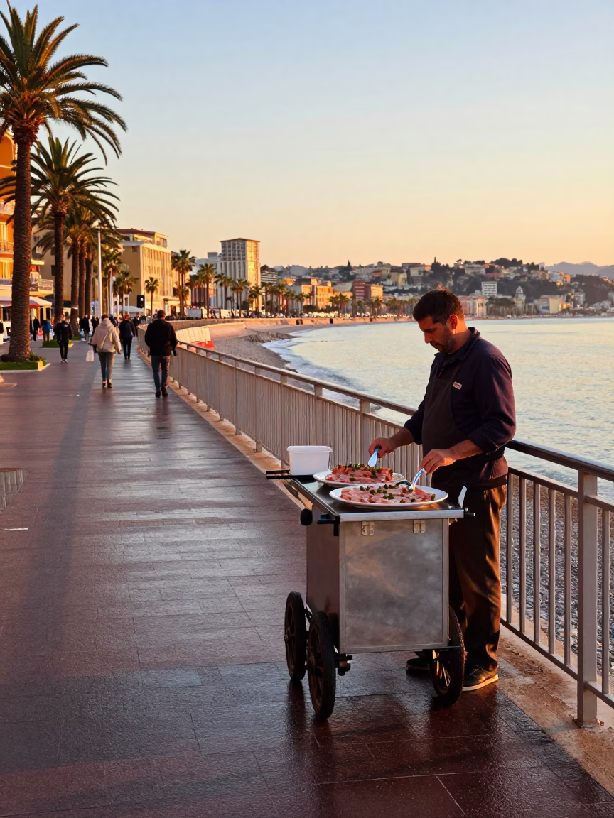 Nautical Dawn Street Scene in Nice France with Vitello Tonnato and Bananas in in Nice, France