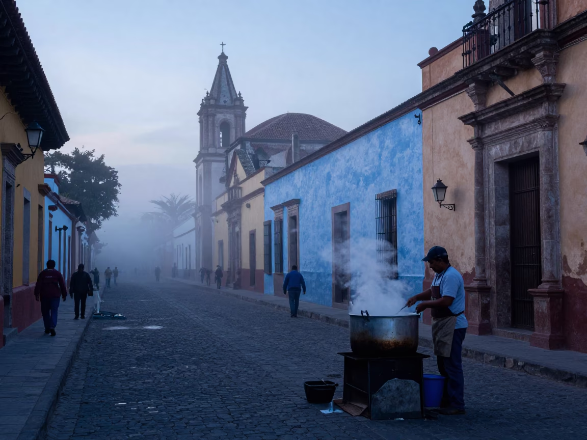 Nautical Dawn Street Scene in Oaxaca Mexico with Cooking Pot and Local Market Activity in in Oaxaca, Mexico