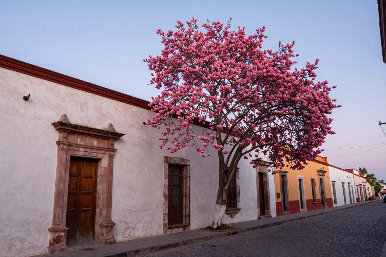 Nautical Dawn Street Scene in Oaxaca Mexico with Magnolia Tree and Stool in in Oaxaca, Mexico