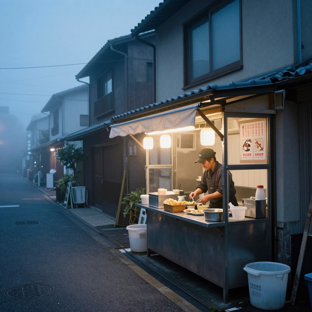 Nautical Dawn Street Scene in Osaka Japan with Local Breakfast Elements in in Osaka, Japan