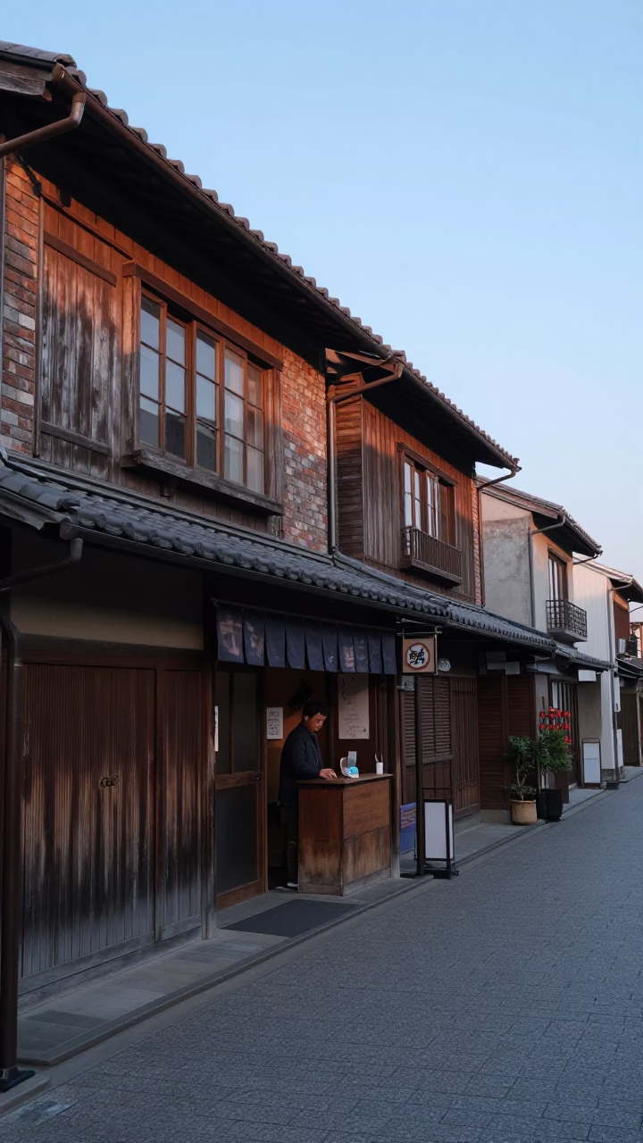 Nautical Dawn Street Scene in Osaka Japan with Traditional Elements in in Osaka, Japan