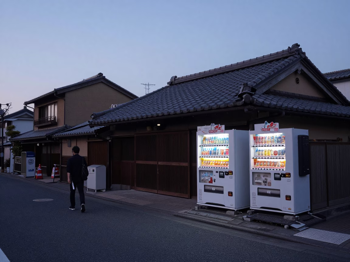 Nautical Dawn Street Scene in Osaka Japan with Vending Machines and Wet Pavement in in Osaka, Japan