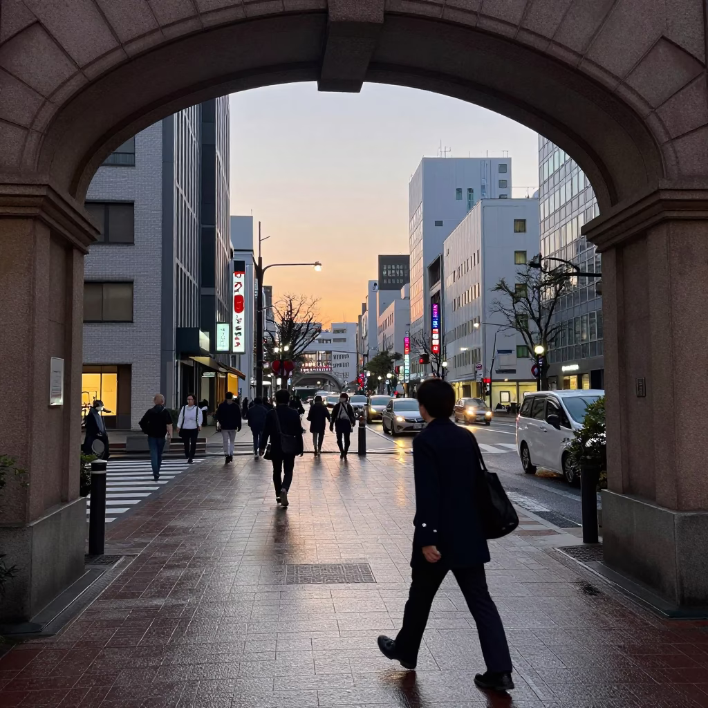 Nautical Dawn Street Scene in Osaka Japan with Wet Urban Details in in Osaka, Japan