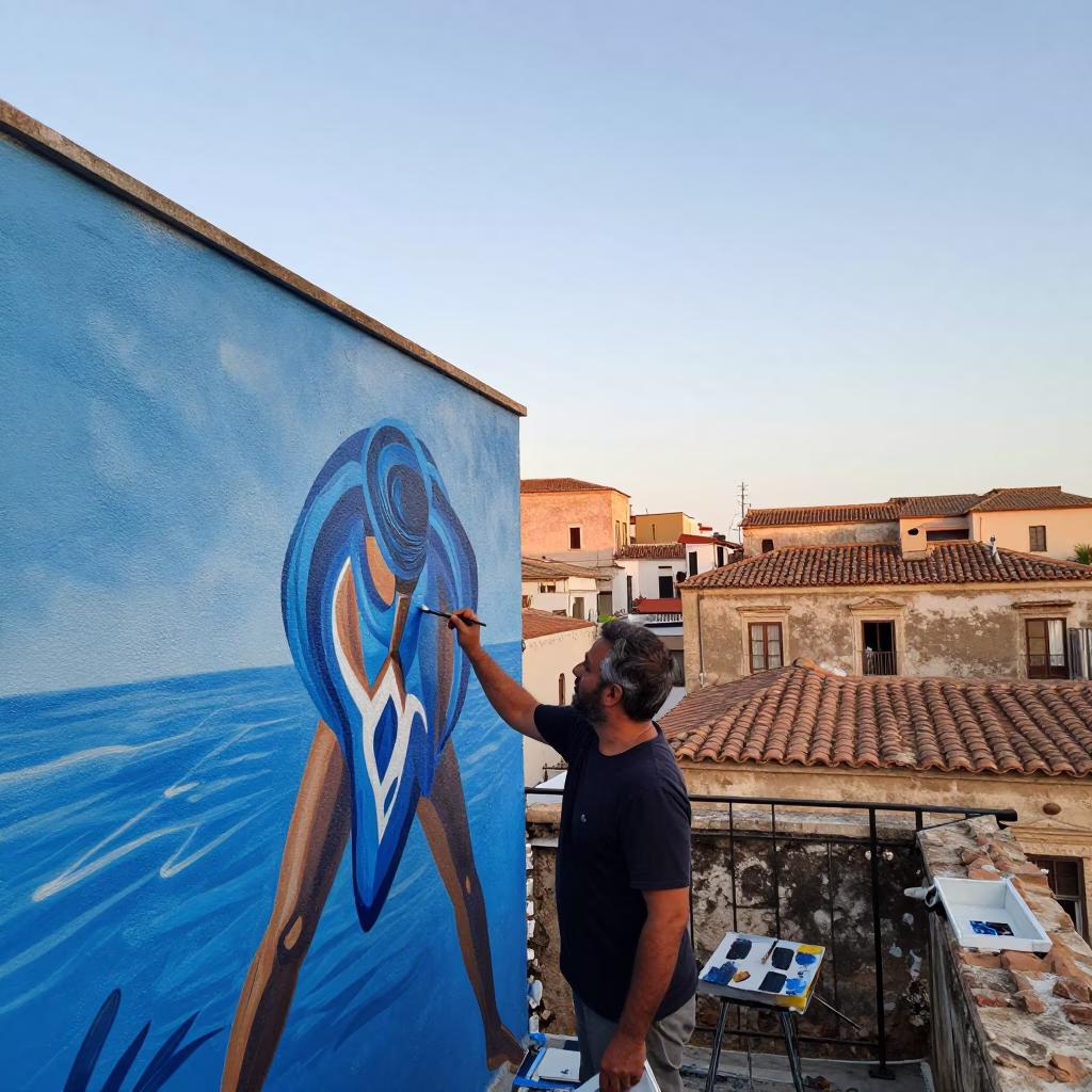 Nautical Dawn Street Scene in Palermo Italy with Artist Painting Mural in in Palermo, Italy