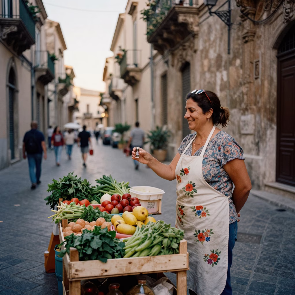 Nautical Dawn Street Scene in Palermo Italy with Local Vendor and Coffee in in Palermo, Italy