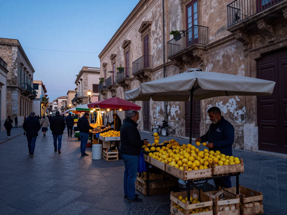 Nautical Dawn Street Scene in Palermo Italy with Market Stalls and Local Vendors in in Palermo, Italy