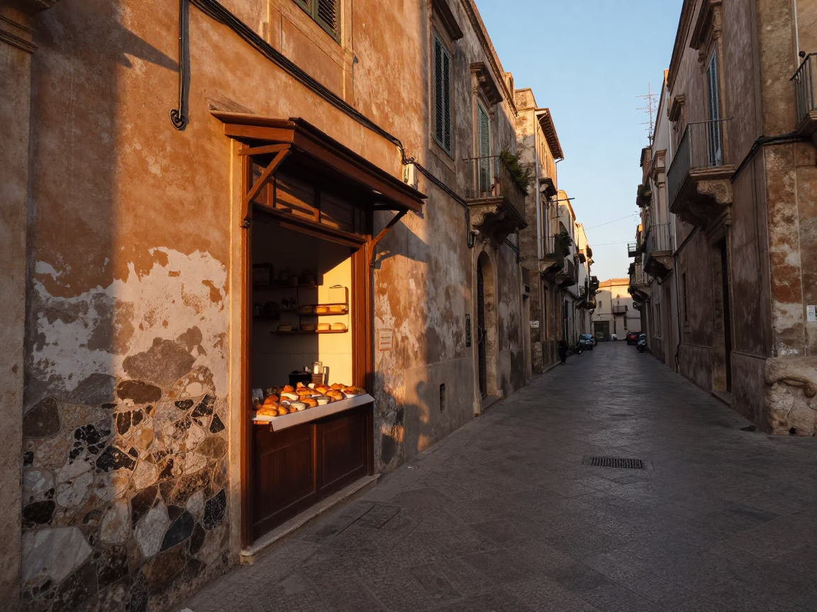 Nautical Dawn Street Scene in Palermo Italy with Traditional Breakfast Items in in Palermo, Italy