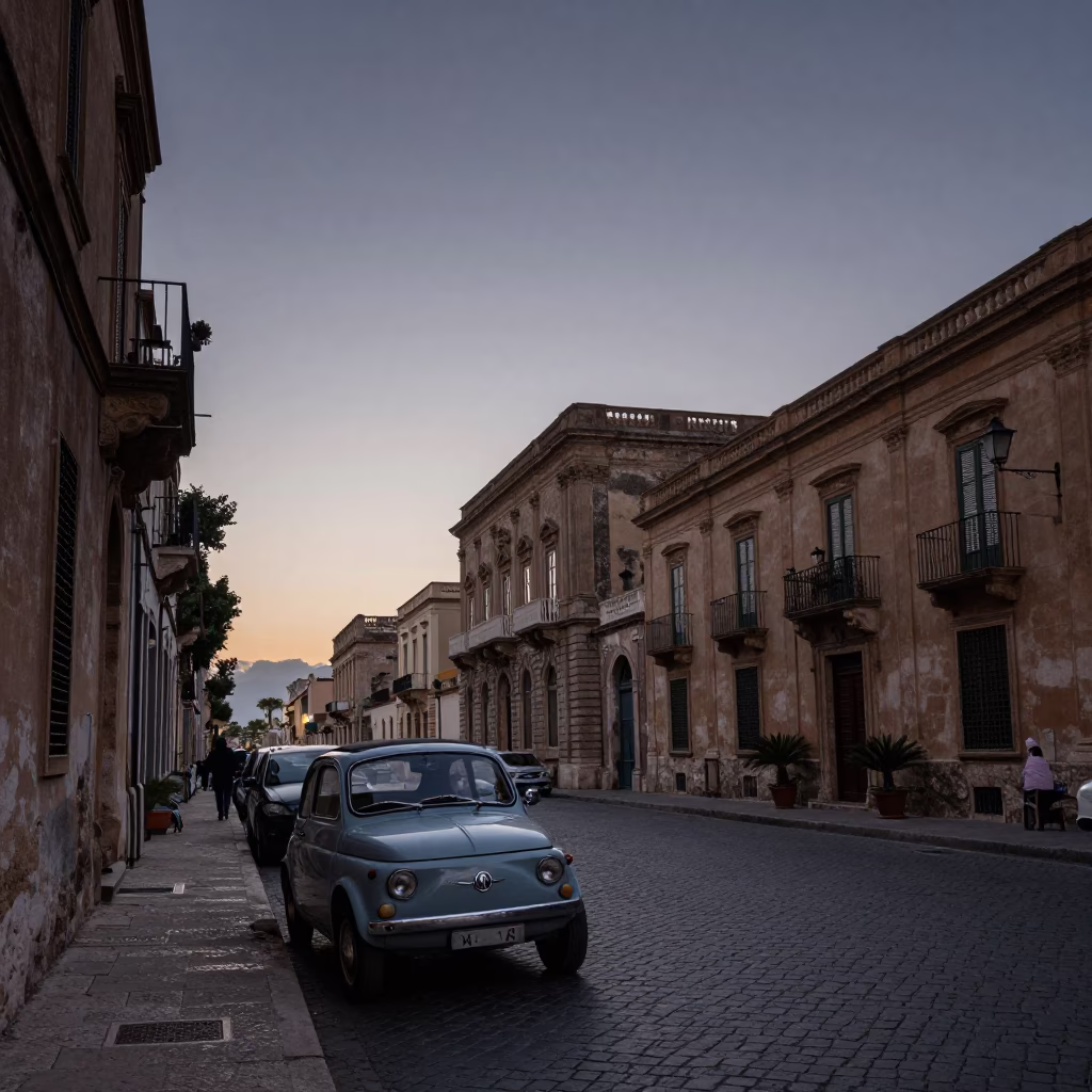 Nautical Dawn Street Scene in Palermo Italy with Vintage Car and Local Architecture in in Palermo, Italy