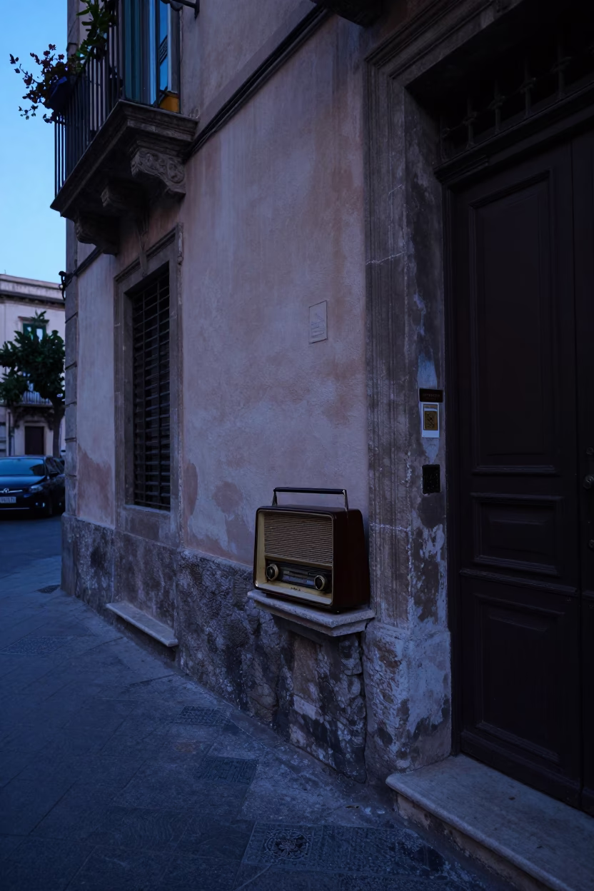 Nautical Dawn Street Scene in Palermo Italy with Vintage Radio and Geraniums in in Palermo, Italy