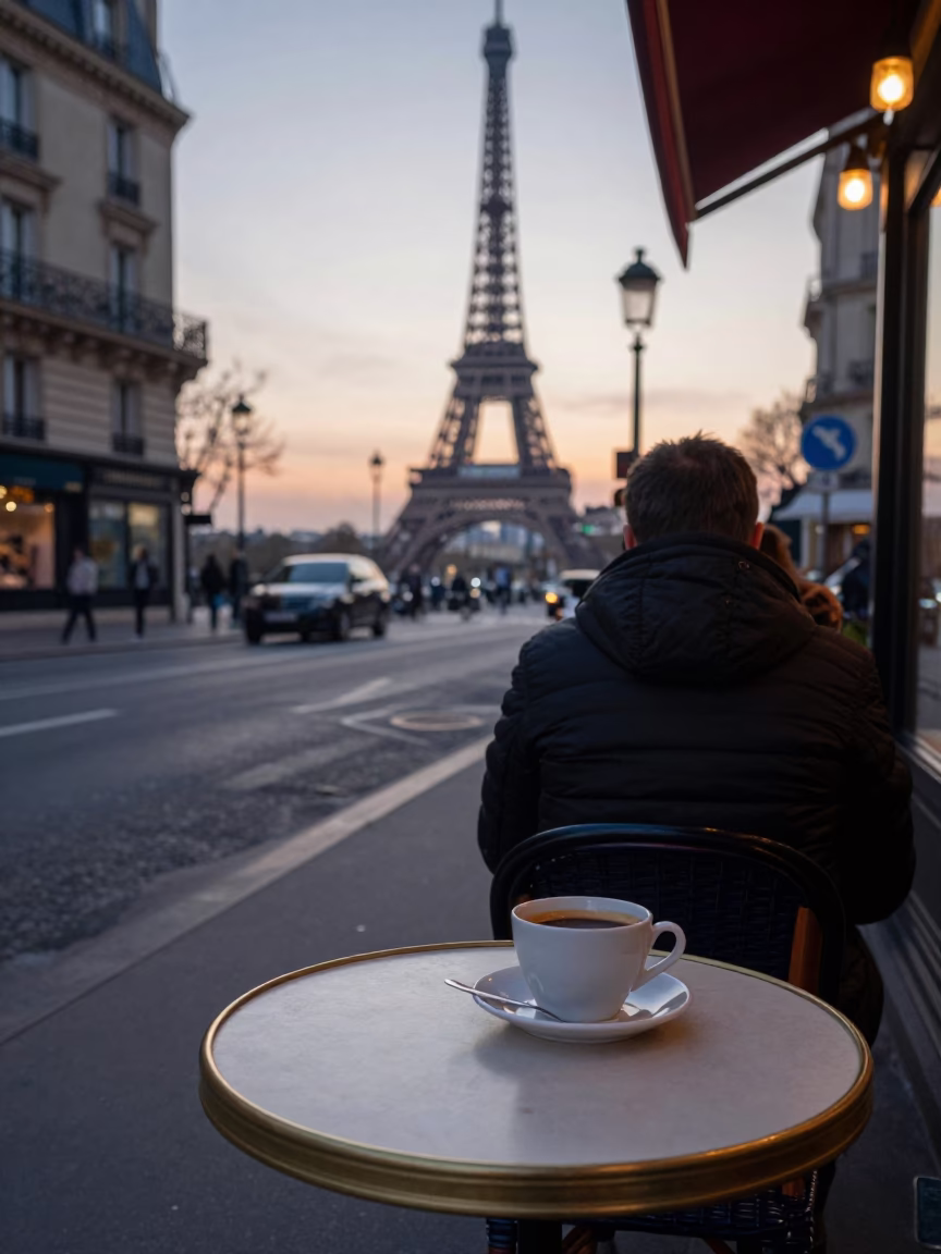 Nautical Dawn Street Scene in Paris France with Coffee Cup and Morning Light in in Paris, France