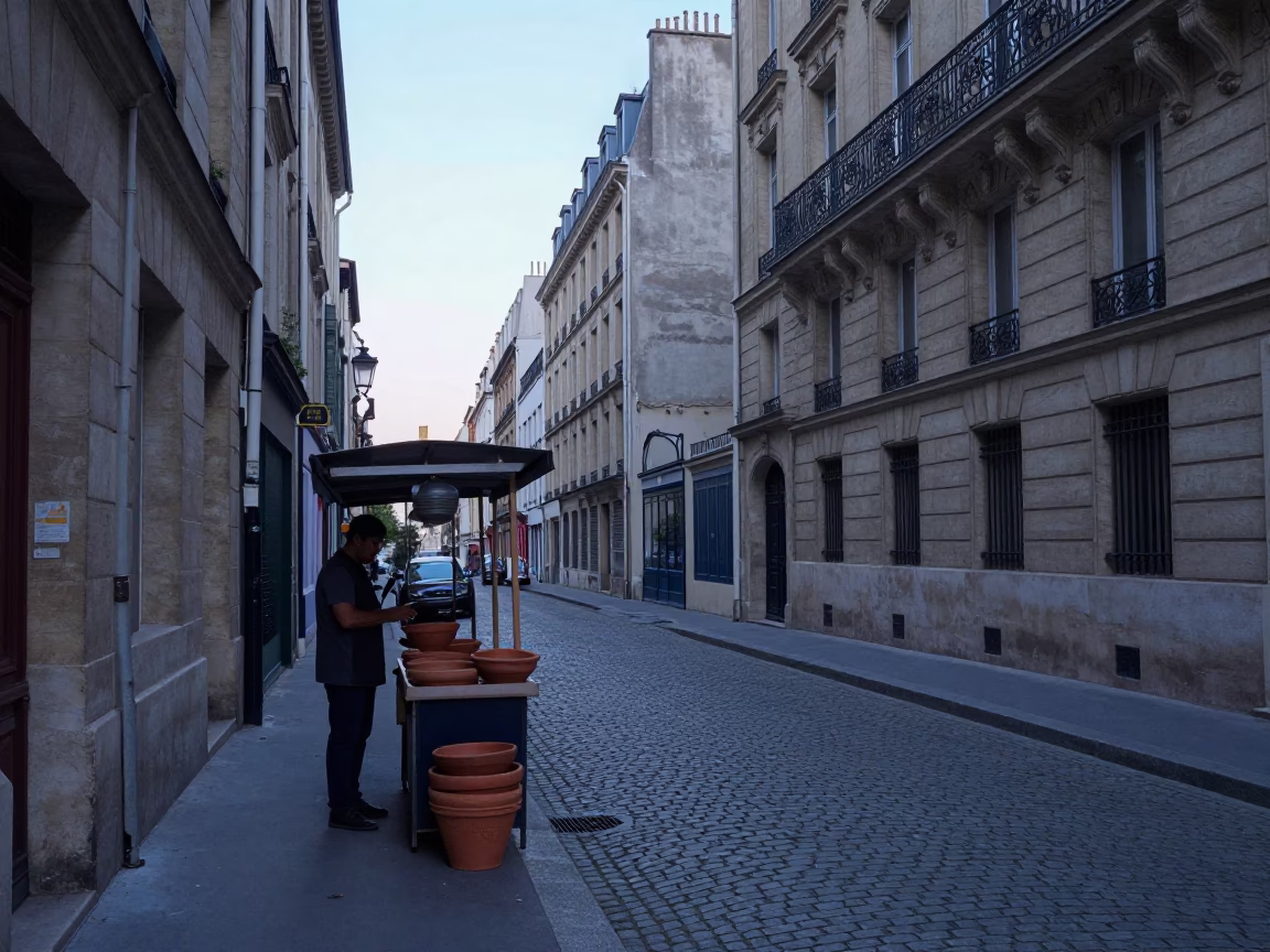 Nautical Dawn Street Scene in Paris France with Terracotta Bowls and Watering Bottle in in Paris, France