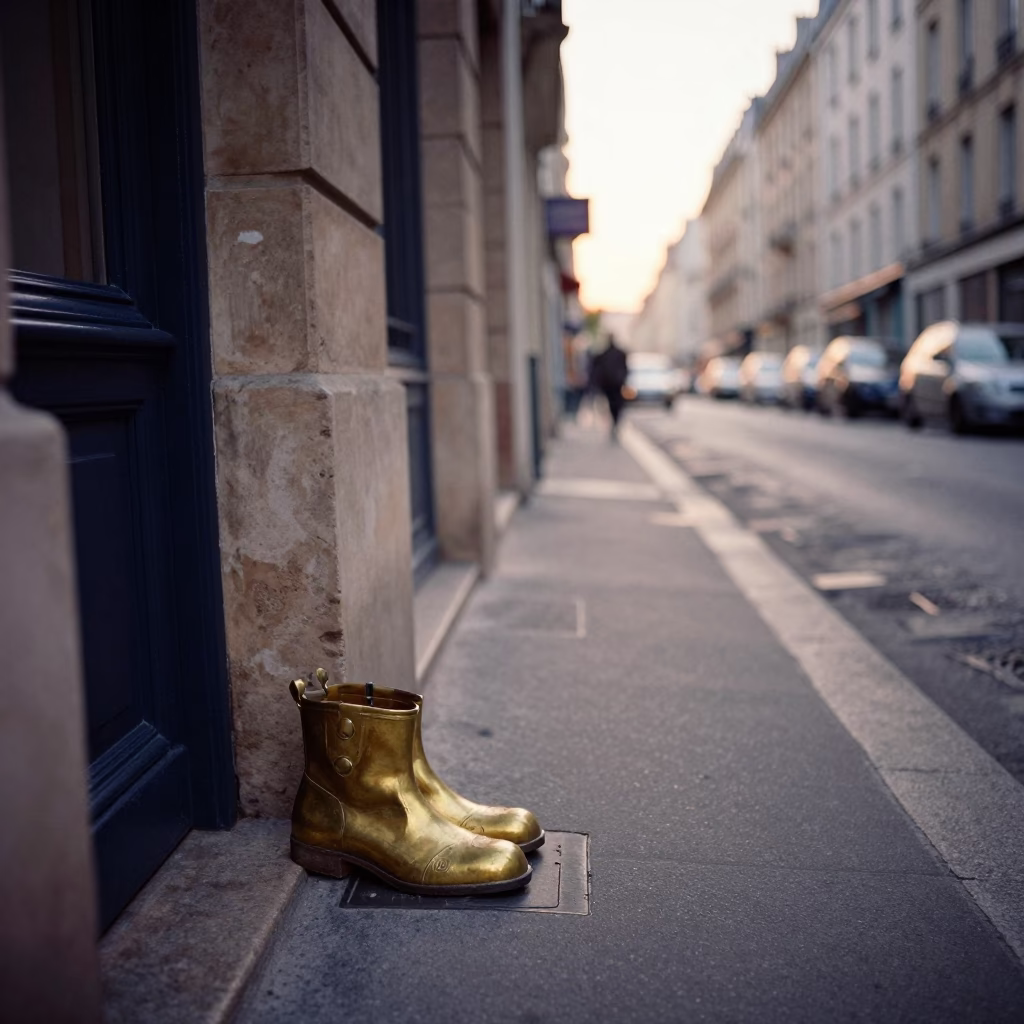 Nautical Dawn Street Scene in Paris France with Vintage Boot Scraper and Cobblestone in in Paris, France