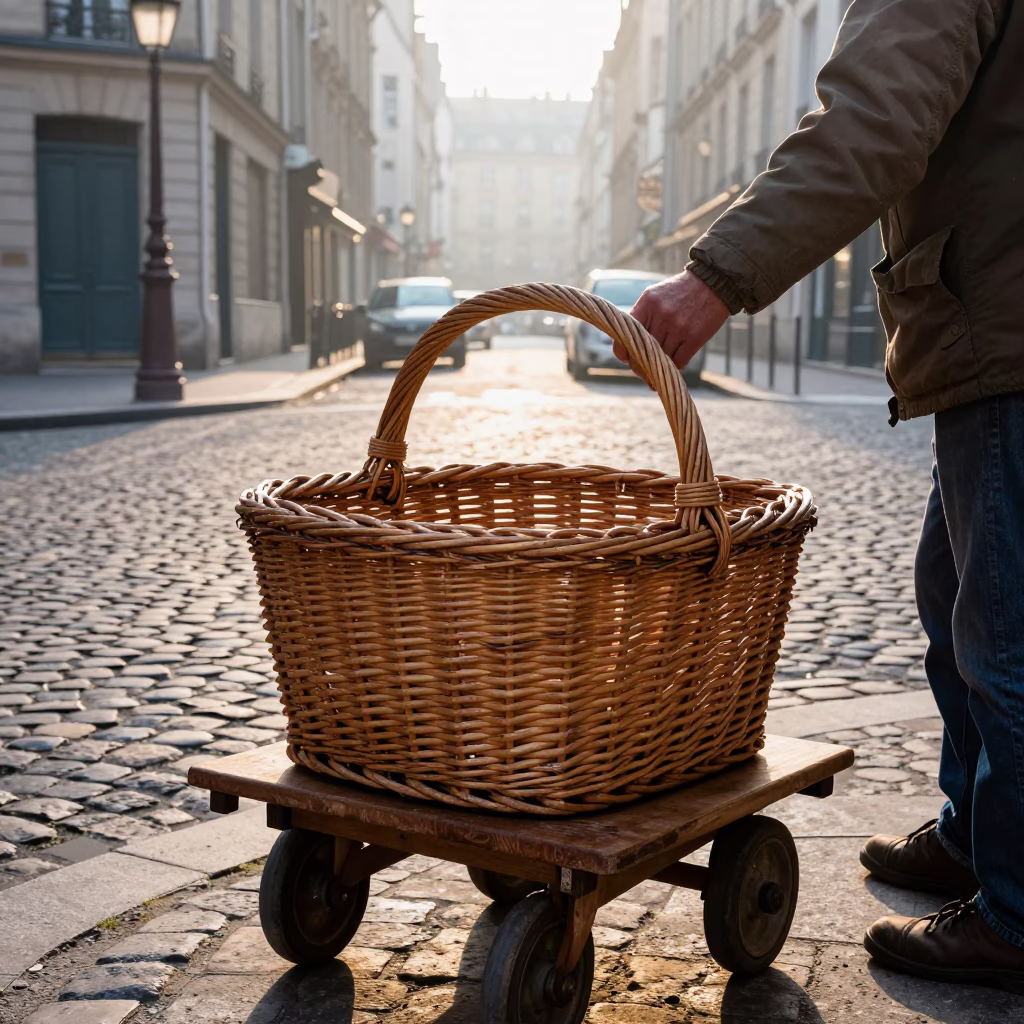 Nautical Dawn Street Scene in Paris with Wicker Hamper and Porcelain in in Paris, France