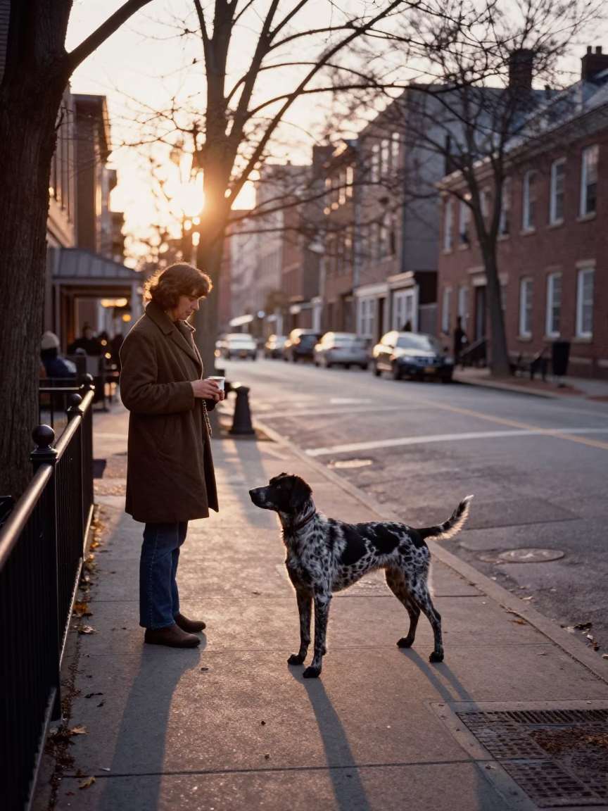 Nautical Dawn Street Scene in Philadelphia Pennsylvania with Coffee and German Shorthaired Pointer in in Philadelphia, Pennsylvania, United States