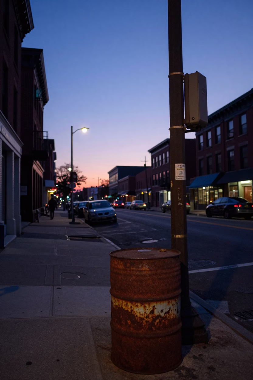 Nautical Dawn Street Scene in Philadelphia Pennsylvania with Rusty Bucket and Chair in in Philadelphia, Pennsylvania, United States