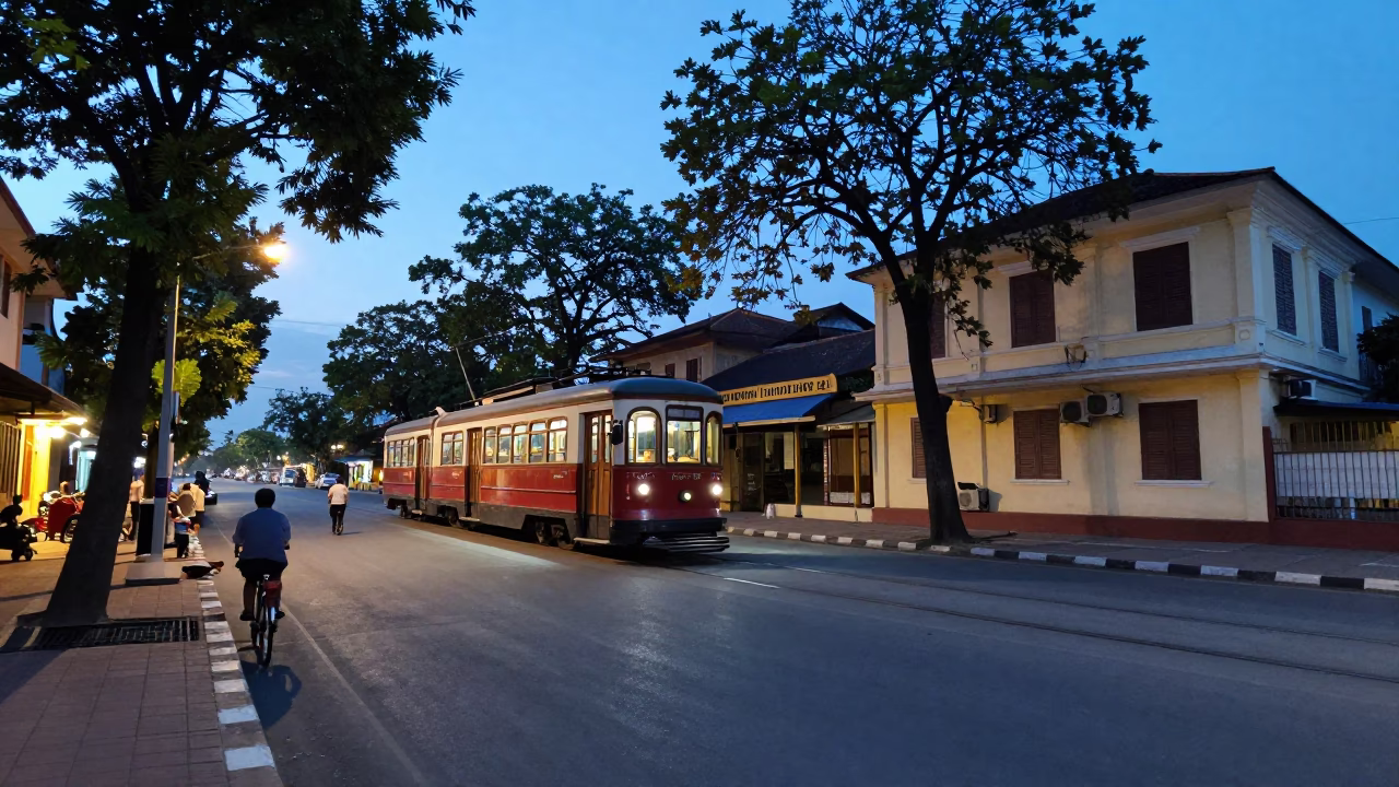 Nautical Dawn Street Scene in Phnom Penh Cambodia with Bicycle and Tramcar in in Phnom Penh, Cambodia