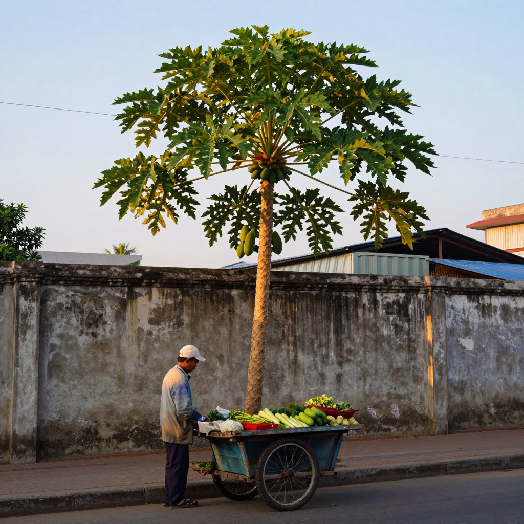 Nautical Dawn Street Scene in Phnom Penh Cambodia with Papaya Tree and Glass Tumbler in in Phnom Penh, Cambodia