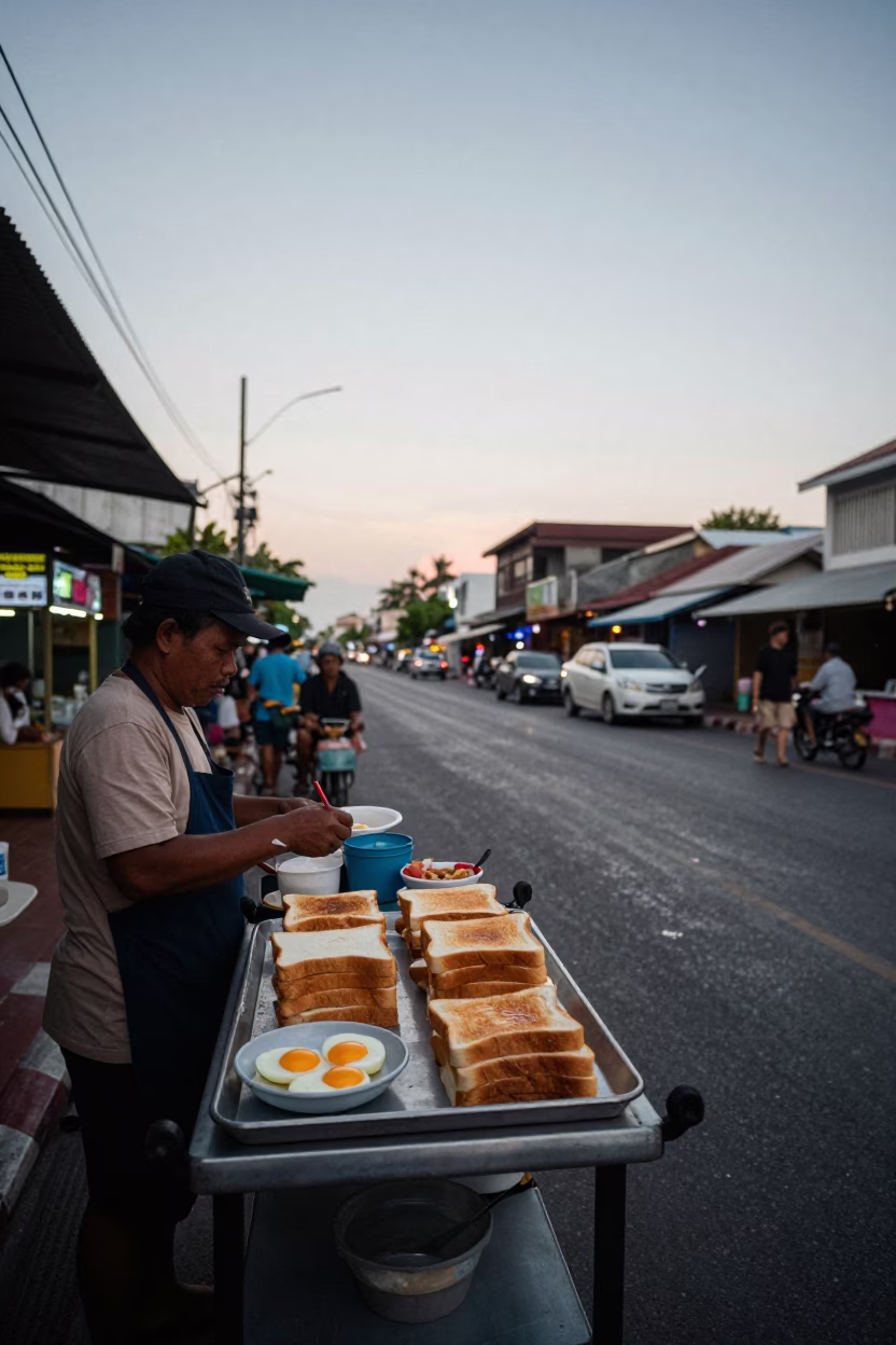Nautical Dawn Street Scene in Phuket Thailand with Local Breakfast Items and Coastal Details in in Phuket, Thailand