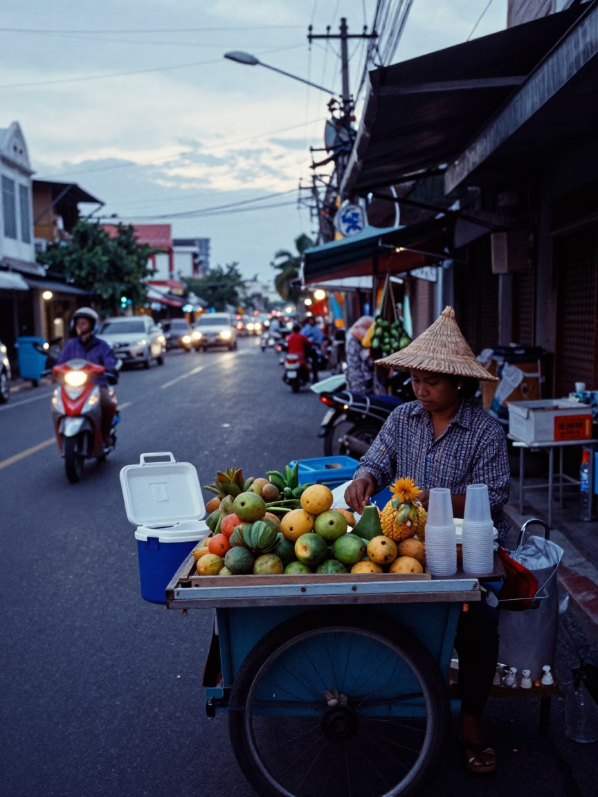 Nautical Dawn Street Scene in Phuket Thailand with Local Vendor and Morning Essentials in in Phuket, Thailand