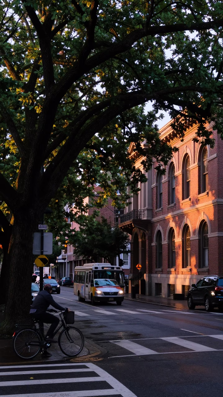 Nautical Dawn Street Scene in Portland Oregon with Blueberries and Commuter Details in in Portland, Oregon, United States