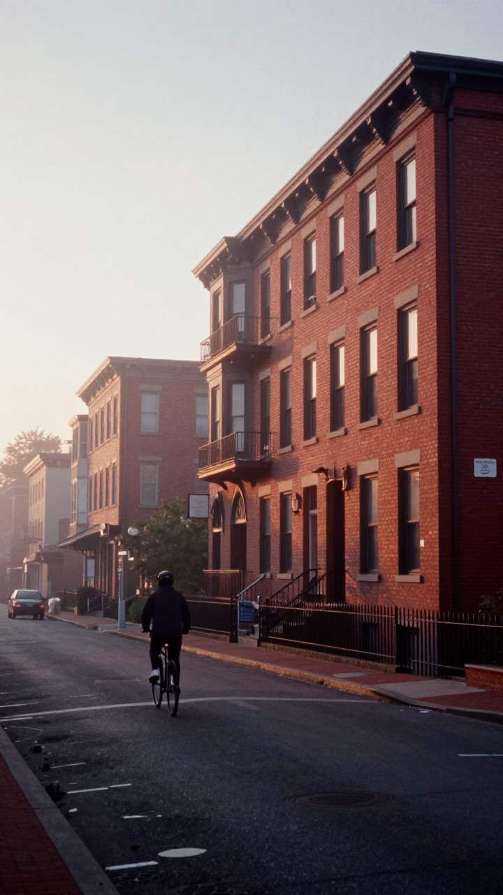 Nautical Dawn Street Scene in Portland Oregon with Cyclist and Urban Architecture in in Portland, Oregon, United States