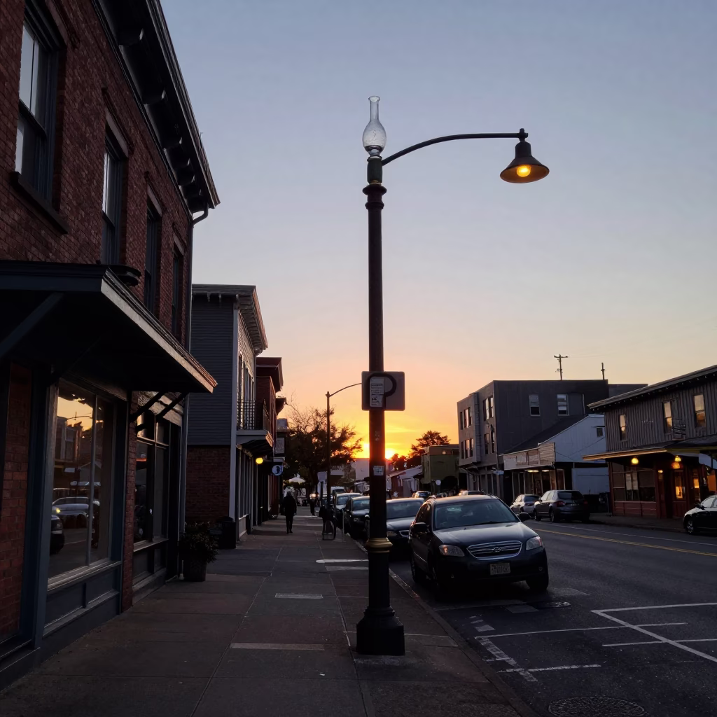 Nautical Dawn Street Scene in Portland Oregon with Vintage Glass Carafe in in Portland, Oregon, United States