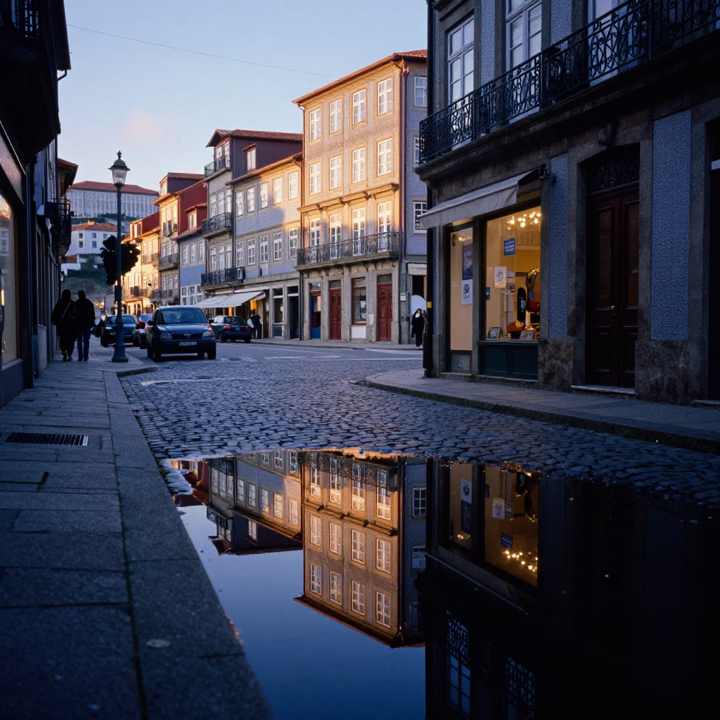Nautical Dawn Street Scene in Porto Portugal with Puddle Reflections and Urban Details in in Porto, Portugal