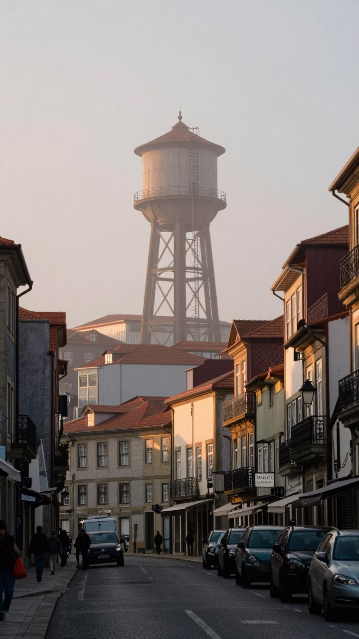 Nautical Dawn Street Scene in Porto Portugal with Water Tower and River in in Porto, Portugal