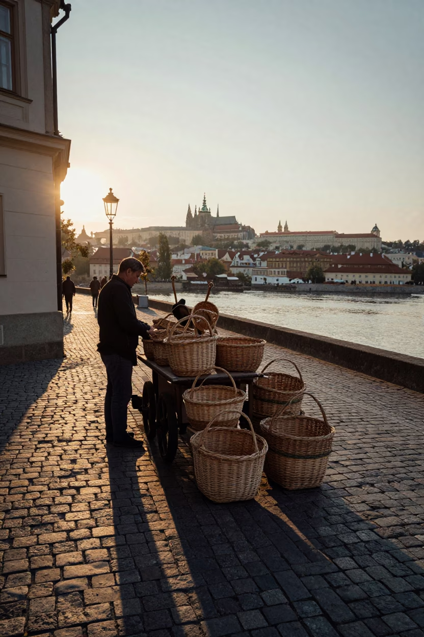 Nautical Dawn Street Scene in Prague Czech Republic with Woven Baskets in in Prague, Czech Republic