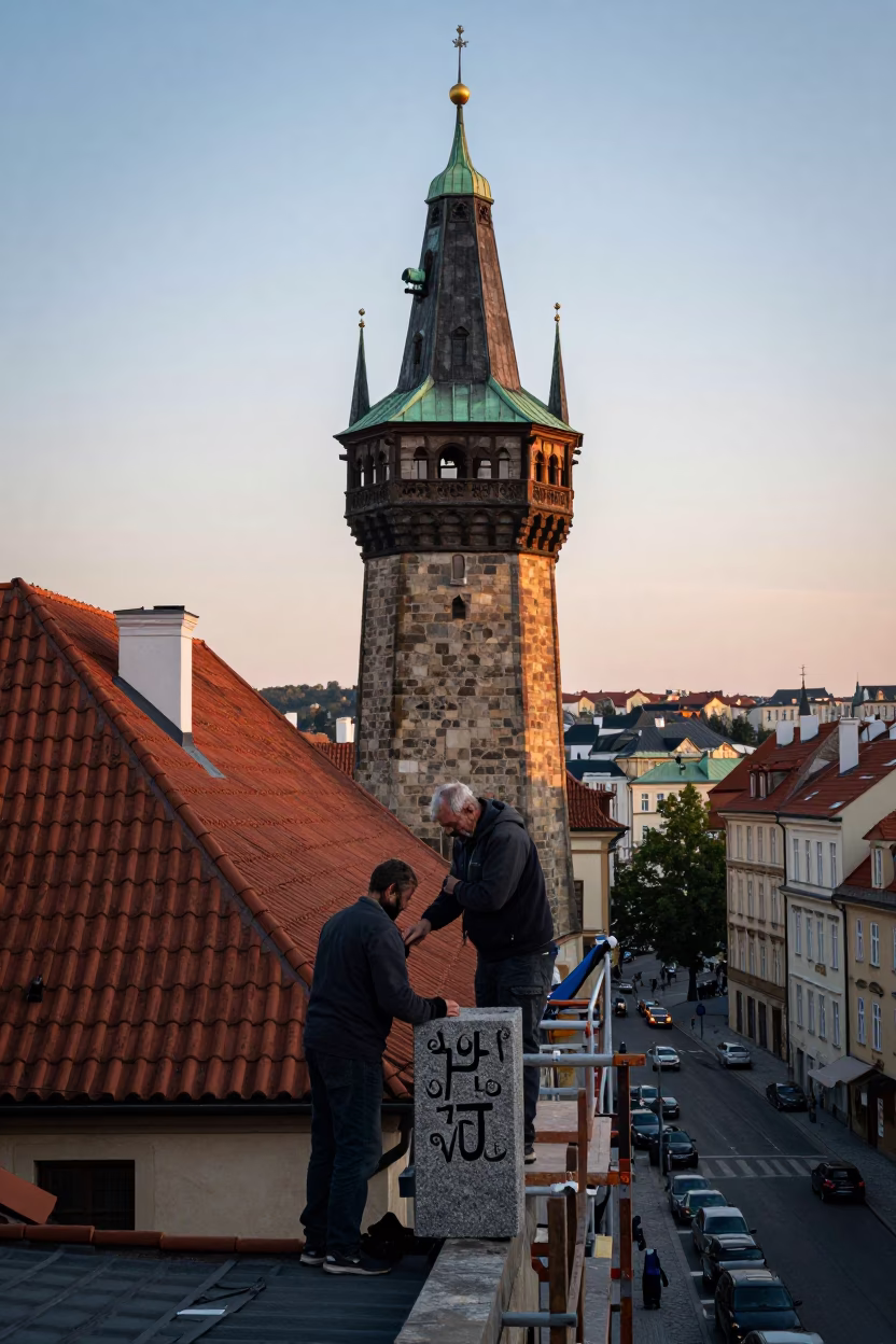 Nautical Dawn Street Scene in Prague Featuring Water Tower and Stone Mason in in Prague, Czech Republic