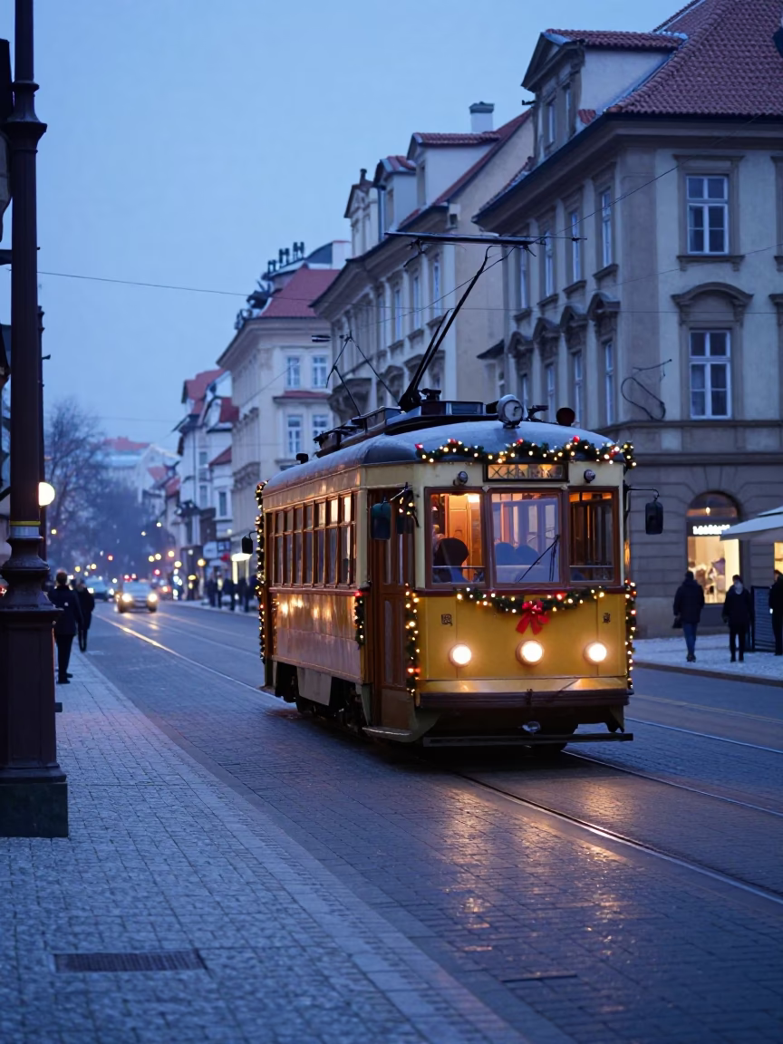 Nautical Dawn Street Scene in Prague with Vintage Tram and Snowy Avenue in in Prague, Czech Republic