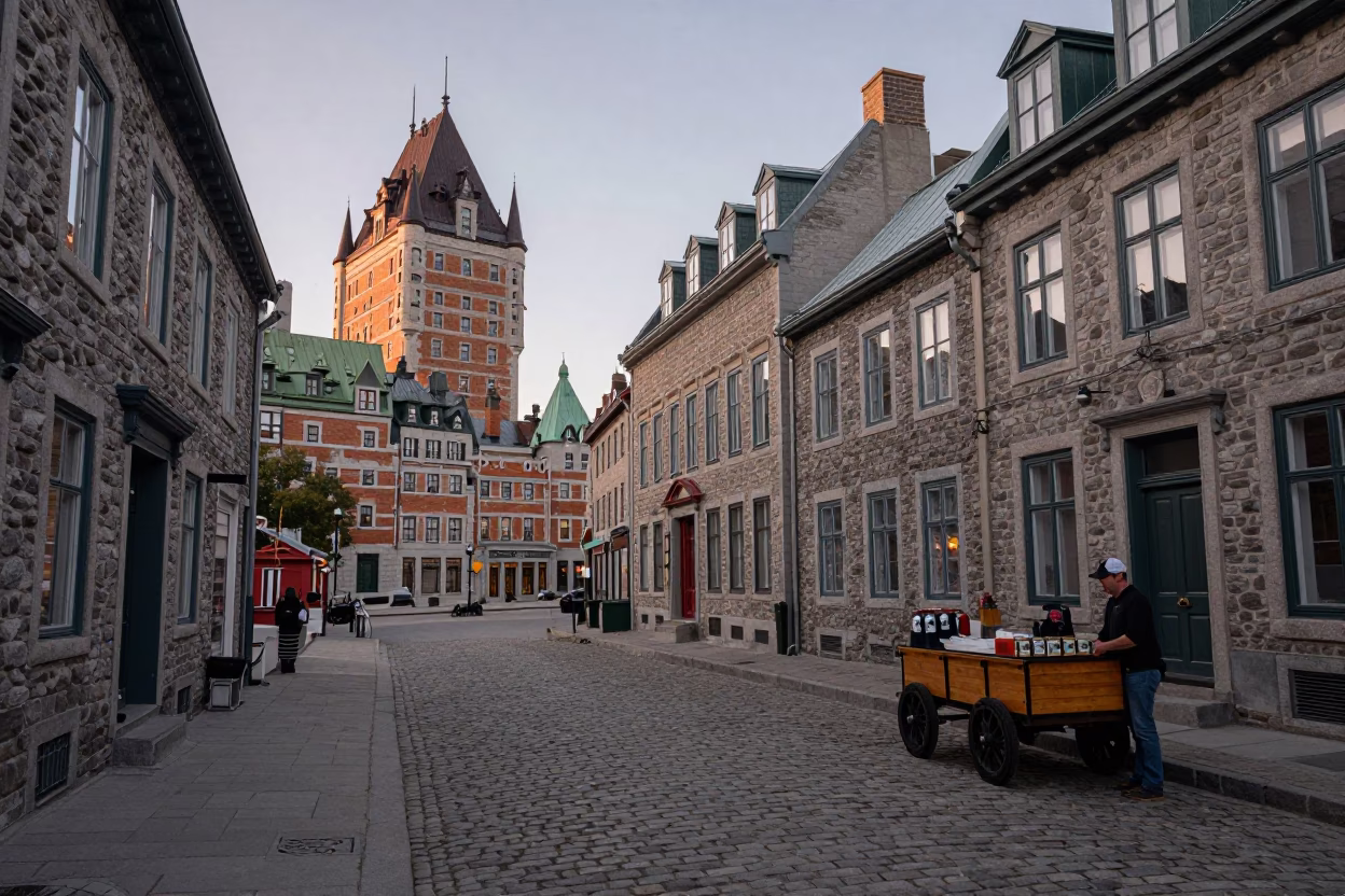 Nautical Dawn Street Scene in Quebec City with Coffee Tin and Quilt in in Quebec City, Quebec, Canada