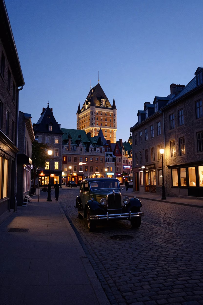 Nautical Dawn Street Scene in Quebec City with Vintage Automobile and Cobblestone Architecture in in Quebec City, Quebec, Canada