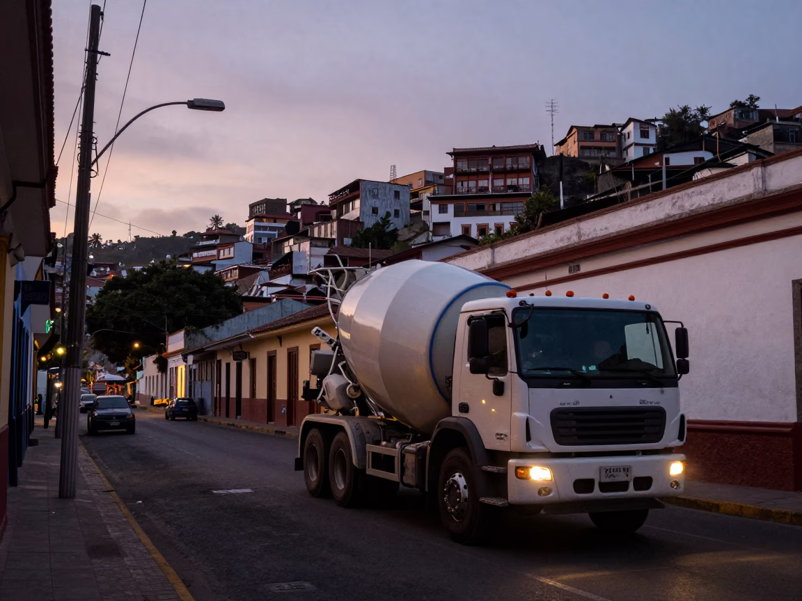 Nautical Dawn Street Scene in Quito Ecuador with Cement Mixer and Construction Activity in in Quito, Ecuador