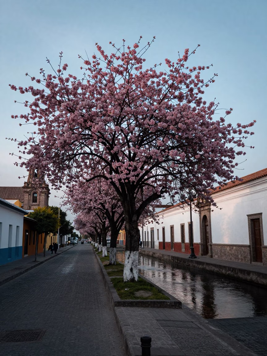 Nautical Dawn Street Scene in Quito Ecuador with Cherry Trees and Canal in in Quito, Ecuador