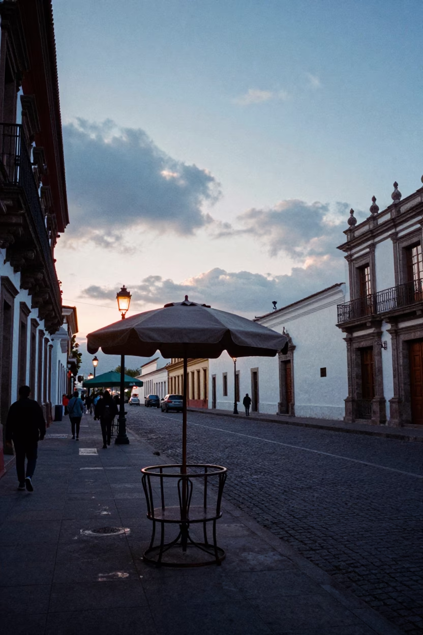 Nautical Dawn Street Scene in Quito Ecuador with Umbrella Stand and Houseplant in in Quito, Ecuador