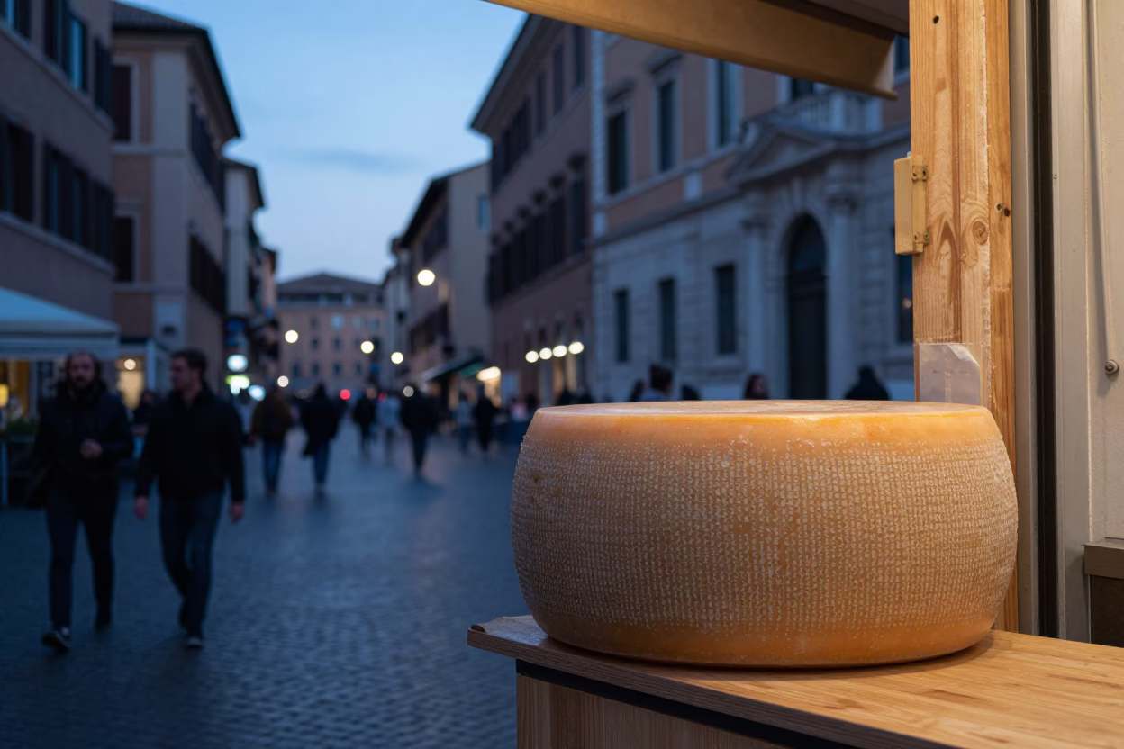 Nautical Dawn Street Scene in Rome Italy with Cheese Wheel Display and Pin Tin in in Rome, Italy