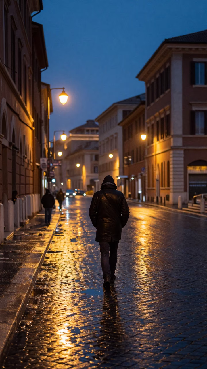 Nautical Dawn Street Scene in Rome Italy with Raincoats and Puddle Reflections in in Rome, Italy